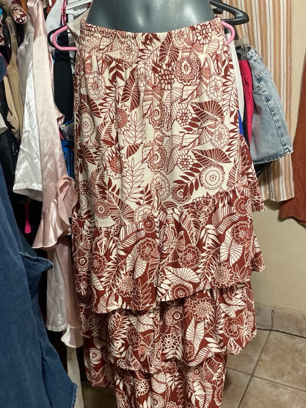 Cato Rust and Cream Floral Tiered Maxi Skirt